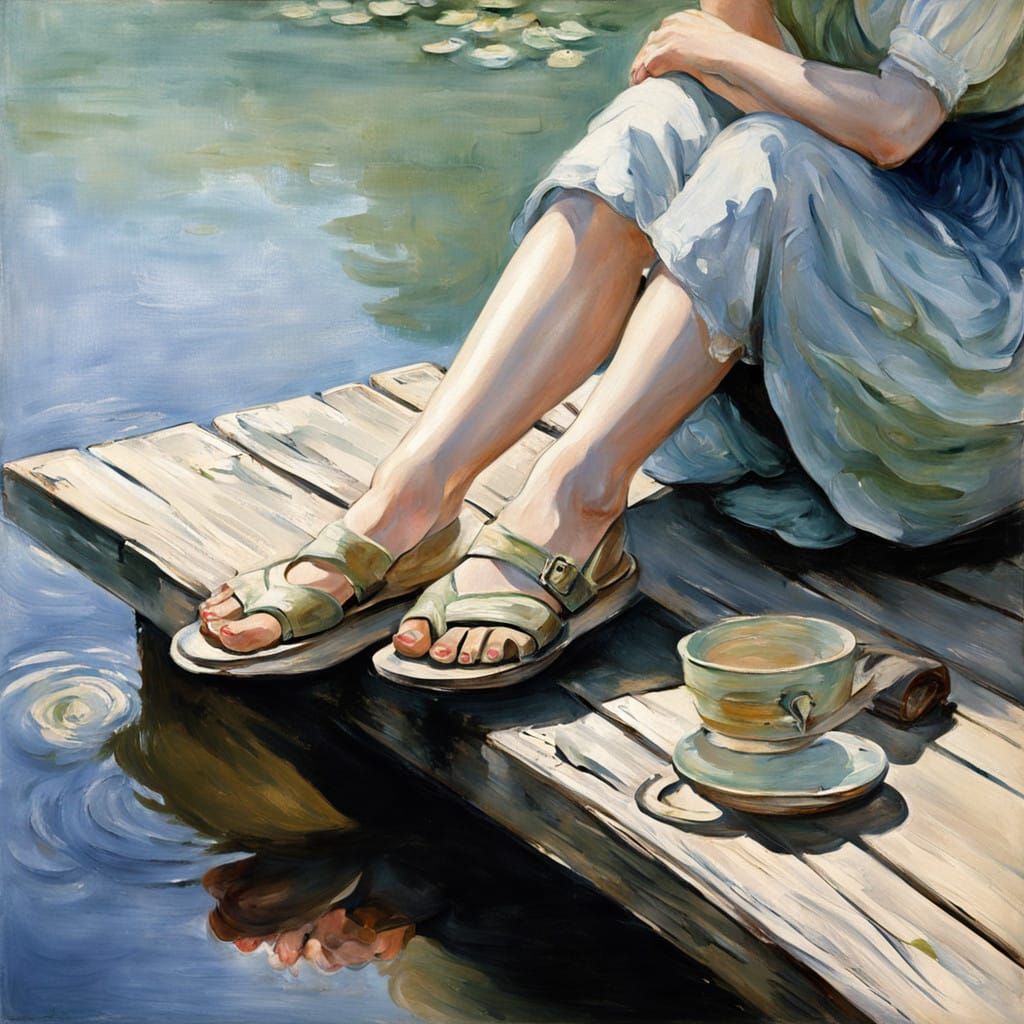 Impressionist Girl in Sandals on Wooden Dock