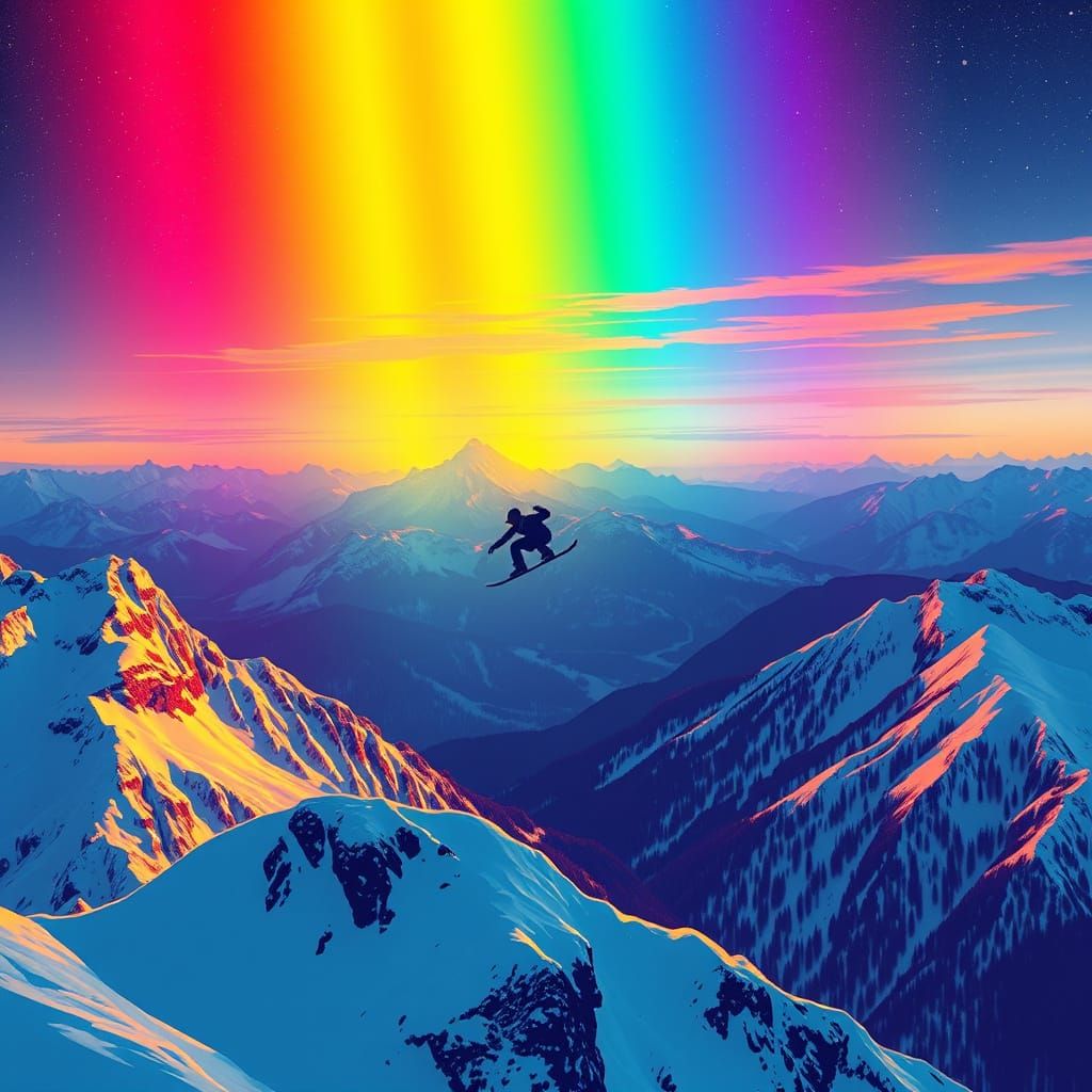 Rainbow Over Mountains with Snowboarder, Stylized Art