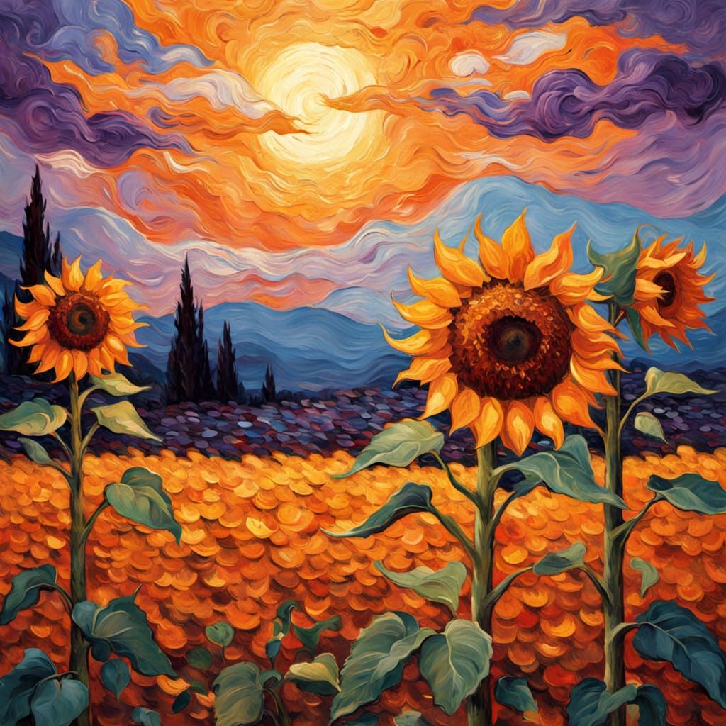 Sunflower Field at Twilight: Impasto Painting