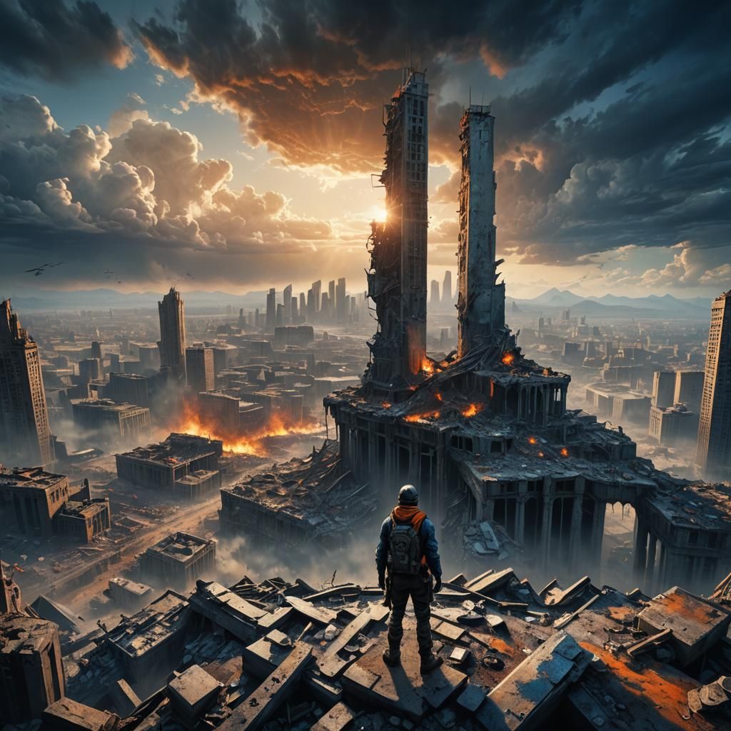 Apocalyptic Survivor Gazing at Ruined Wasteland: Fantasy Art