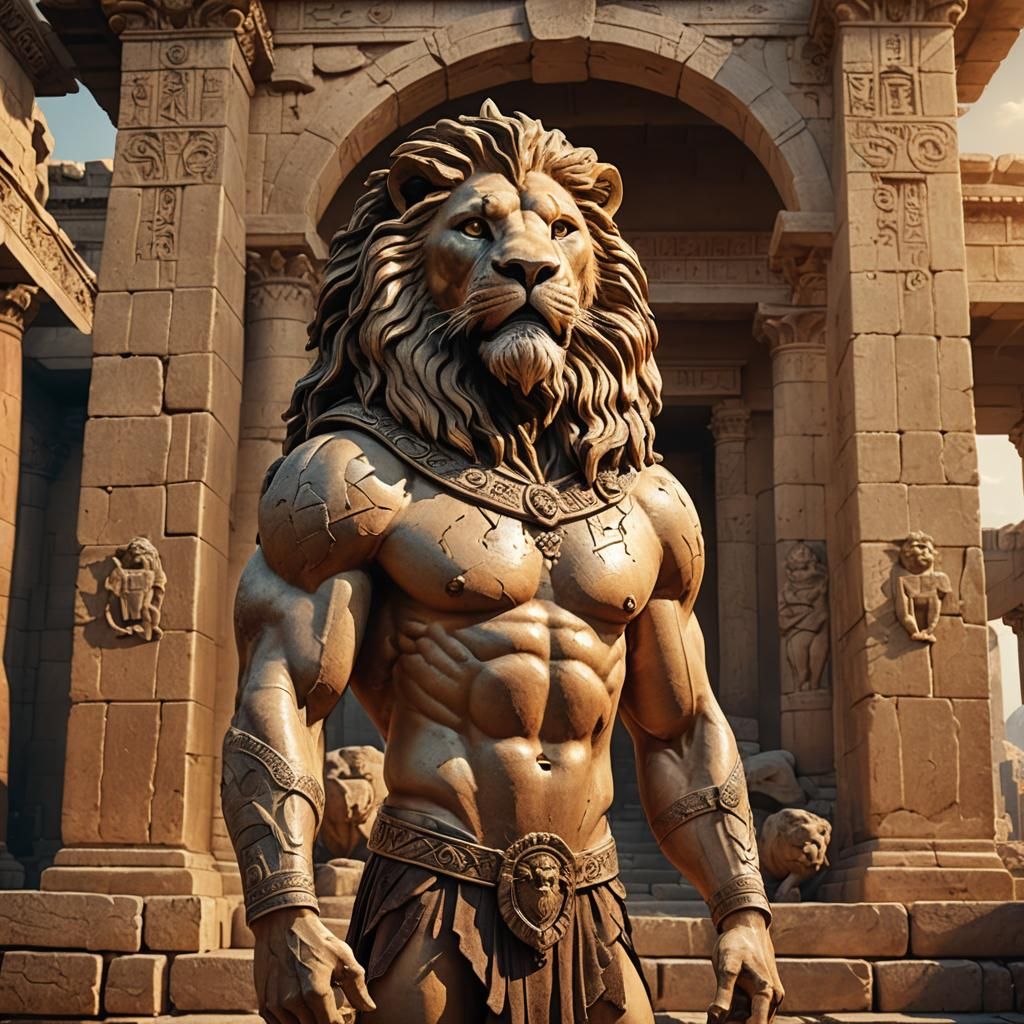 Lion-Headed Man in Ancient Temple Ruins