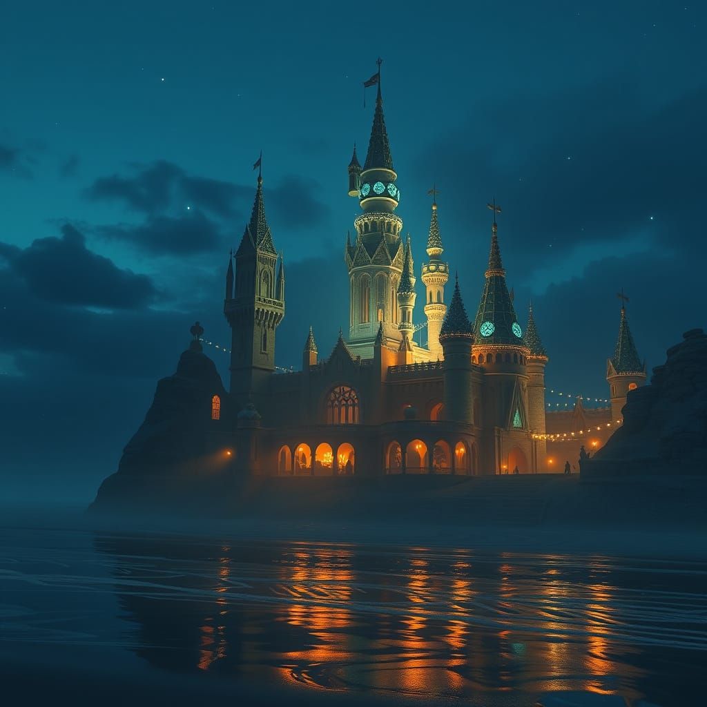 Mystical Beachside Cafe in Ethereal Glow