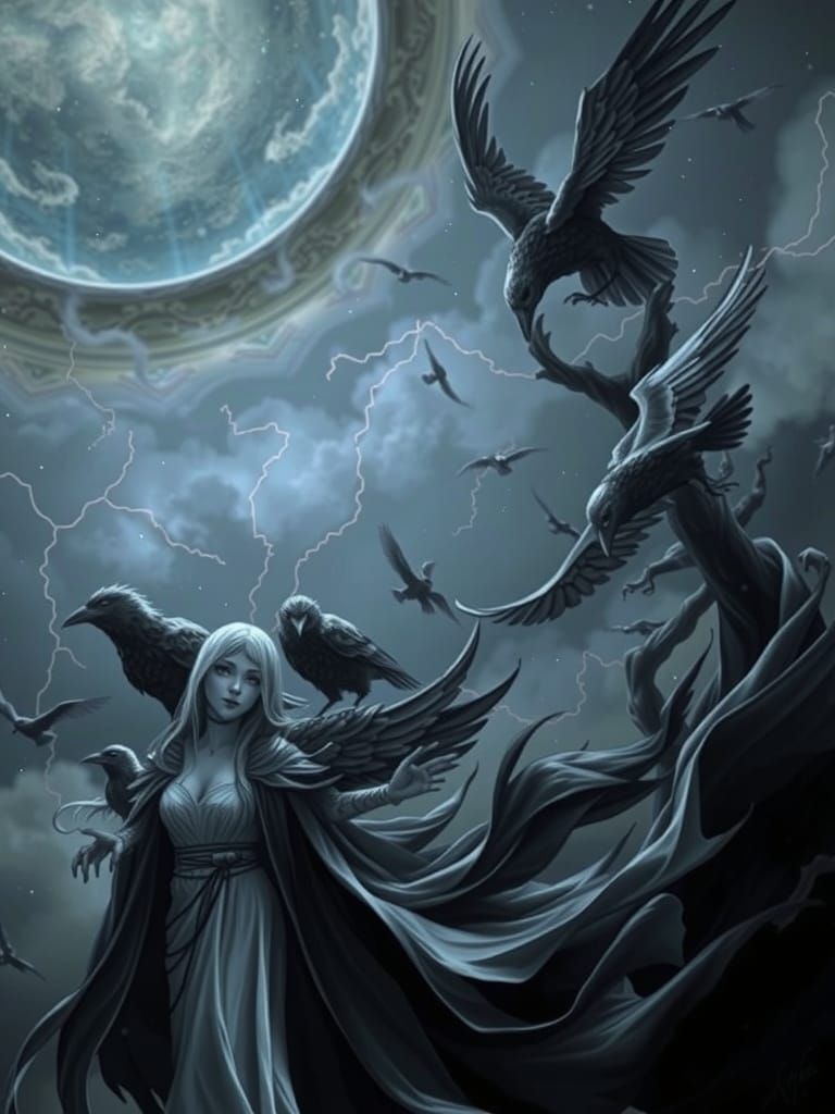 Girl with Ravens in Luminescence and Storm