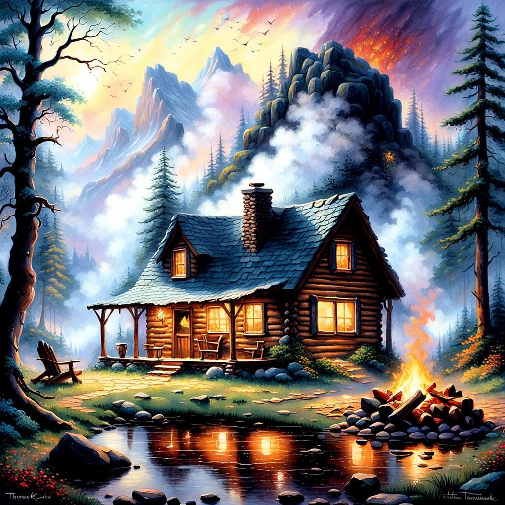 Prehistoric Cabin Campfire in Ethereal Fantasy Style