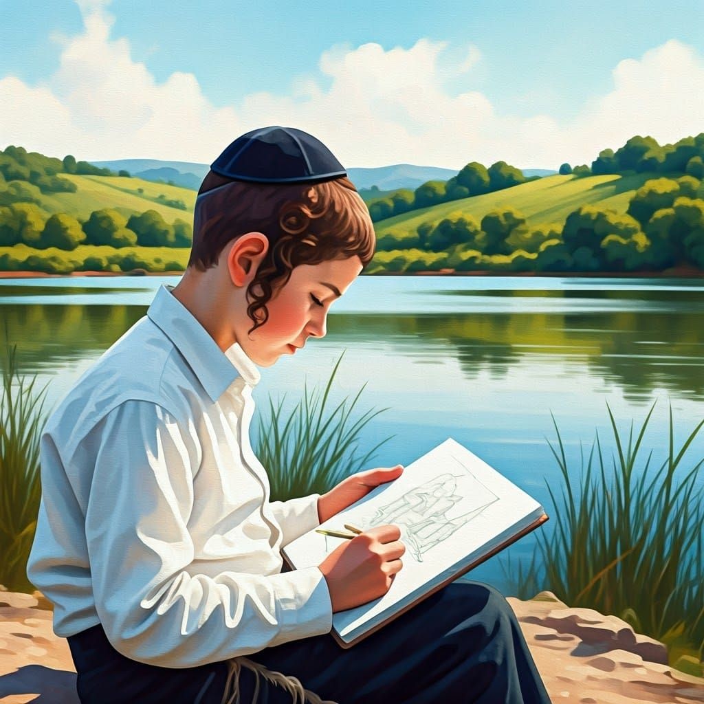 A Young Hasidic Boy Meditates by a Serene Lake in Watercolor