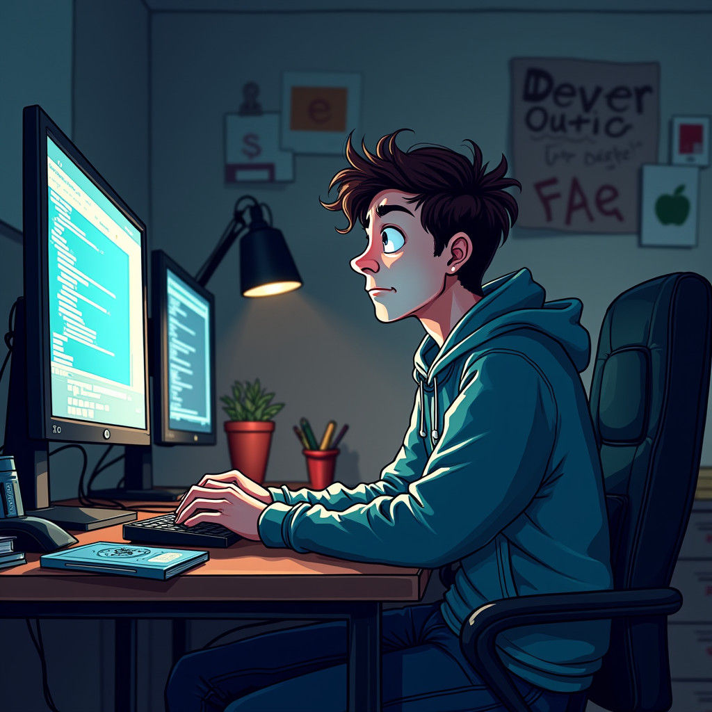 Developer Looks Up, Apologetic, in Digital Art Style