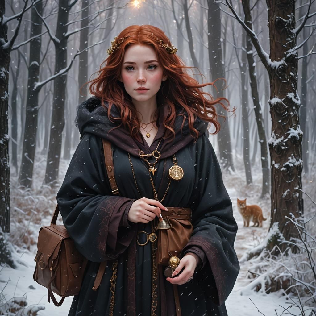 Snowy Forest Sorceress with Wand: Fantasy Concept Art