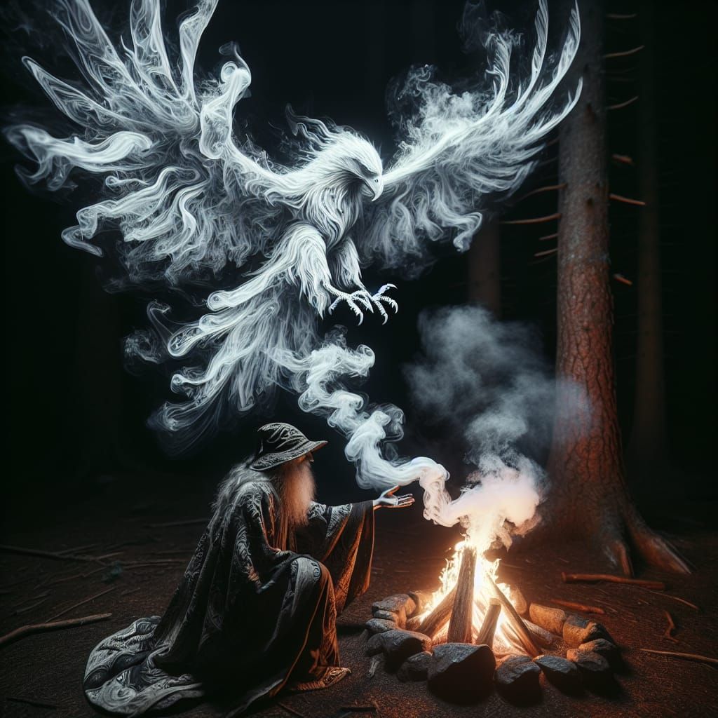 Ethereal Eagle Appears from Forest Bonfire