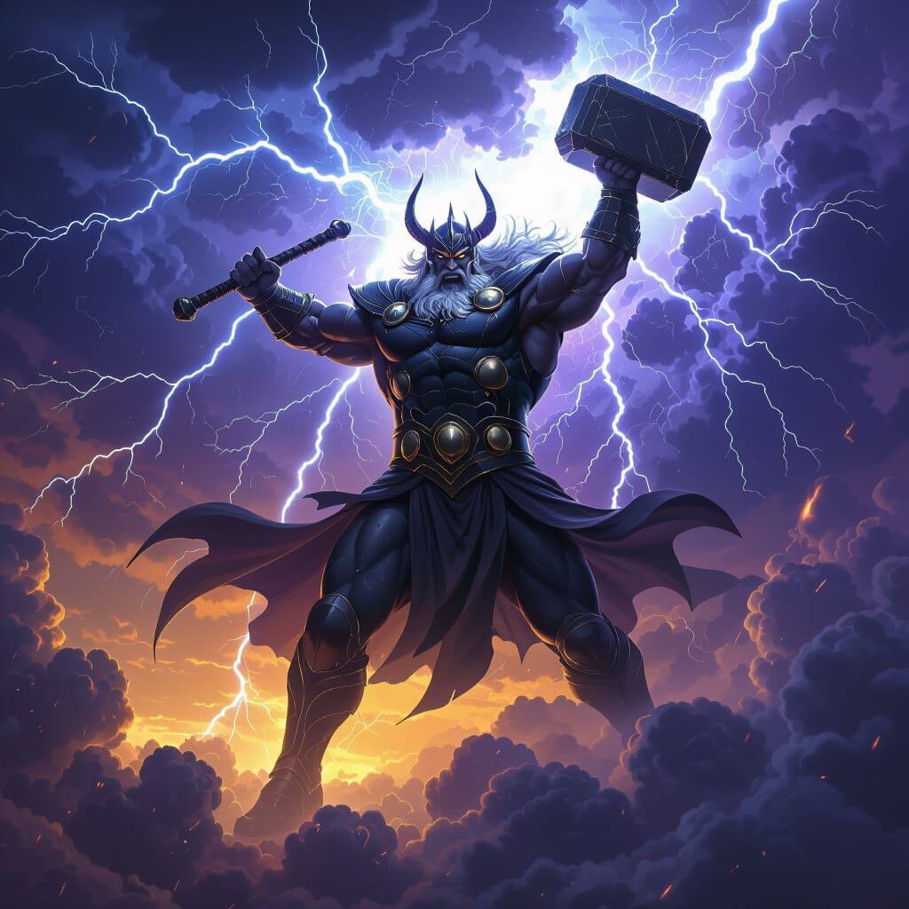 Thunder God Wields Hammer in Stormy Sky