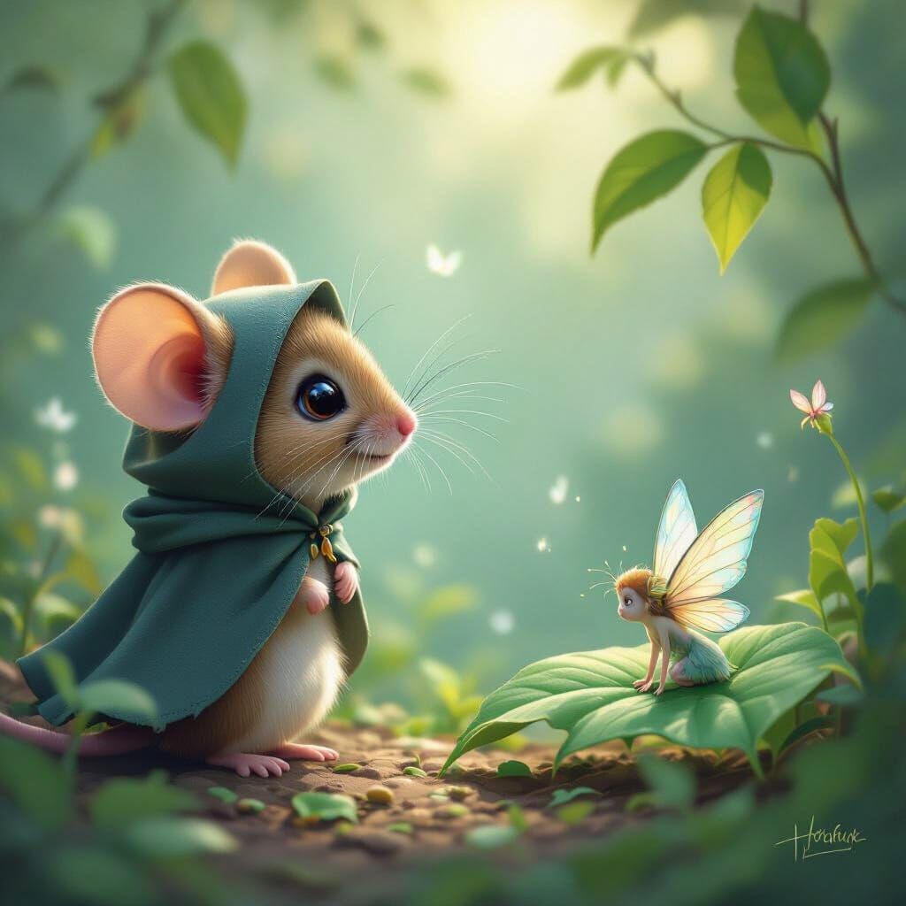 Mouse Watching Fairies in Soft Pastel Art