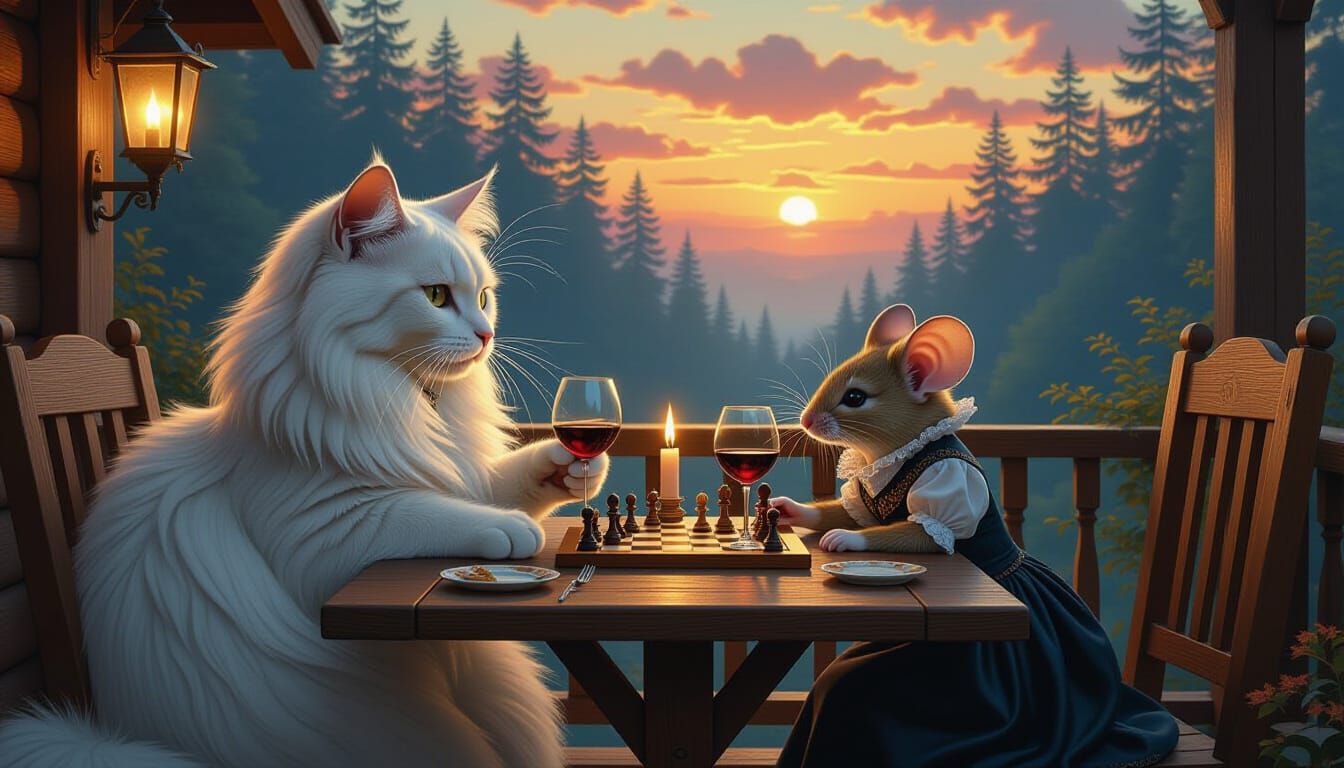 Cat and Mouse Play Chess by Candlelight