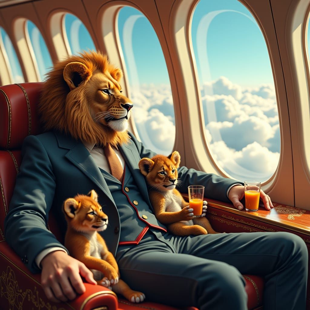 Lion in Glass Airplane with Cubs
