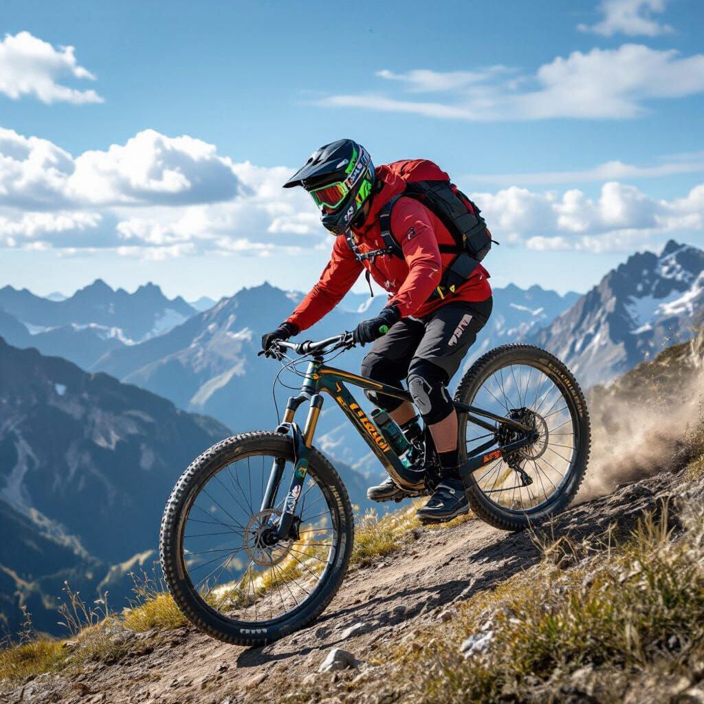 Downhill Biker on Rocky Mountain in Digital Art Style