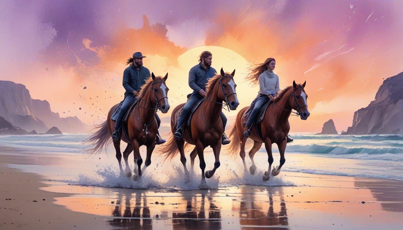 Vibrant Watercolour Beach Scene with Spinning Prayer Wheels