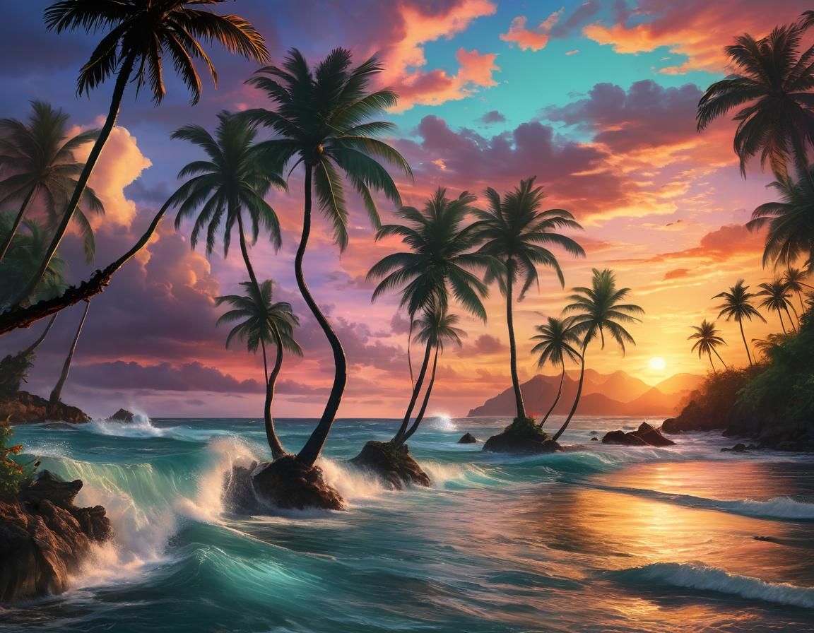 Palm Trees at a Colorful Sunset
