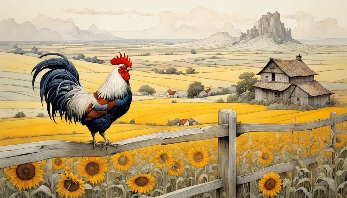 Surreal Rooster on Chalky Countryside Fence in Fog