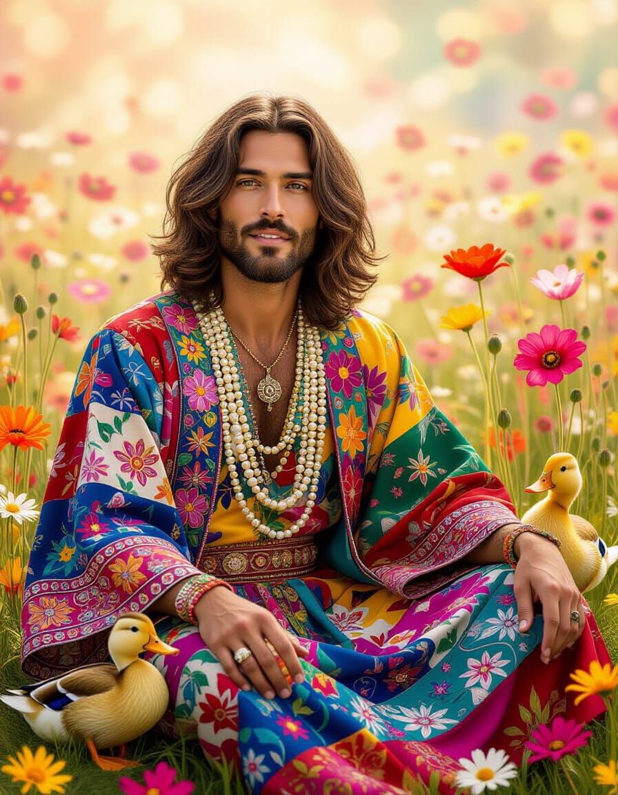 Patchwork Hippie Portrait with Duck in Floral Setting