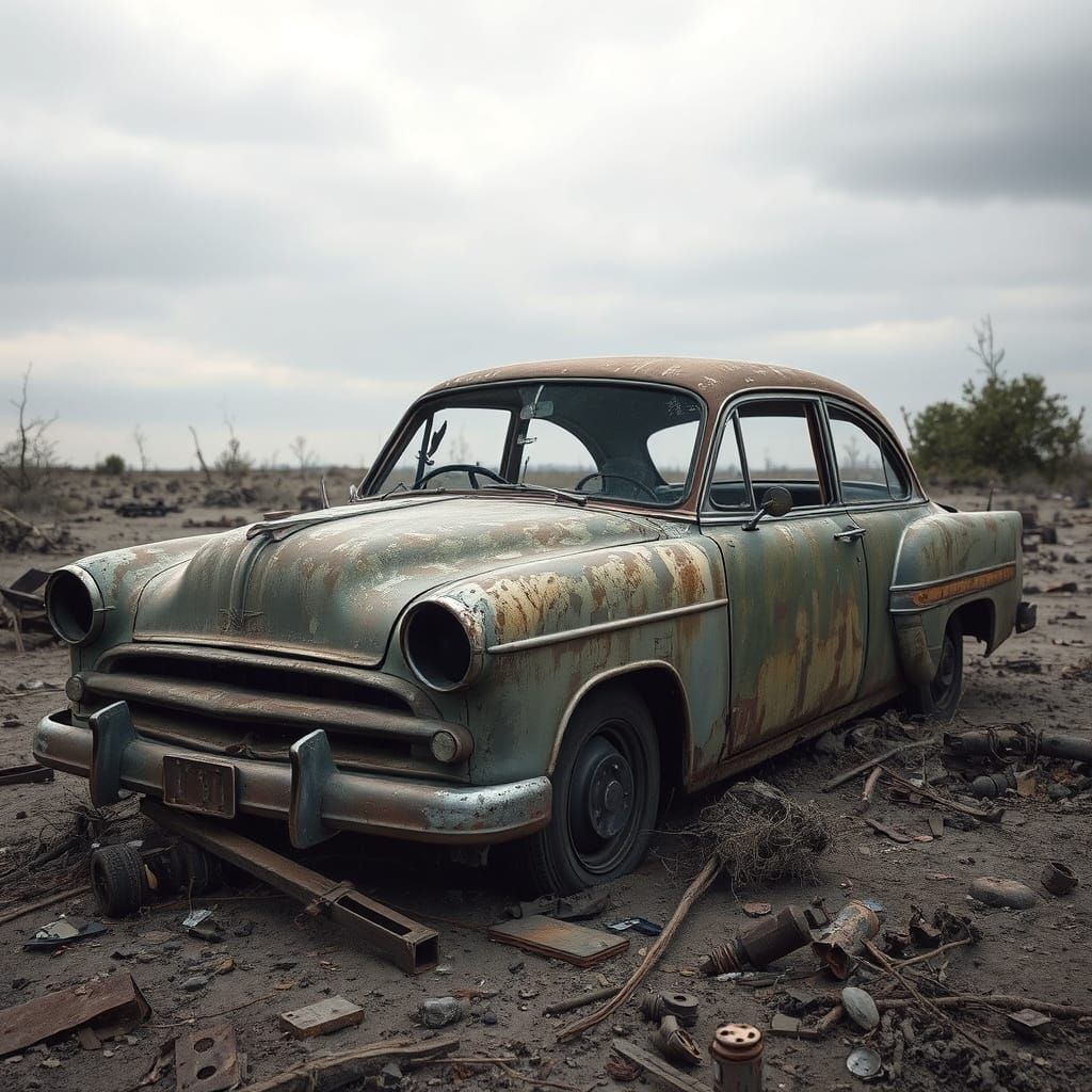 Post-Apocalyptic Wasteland: Rusted Car in Hyperrealism