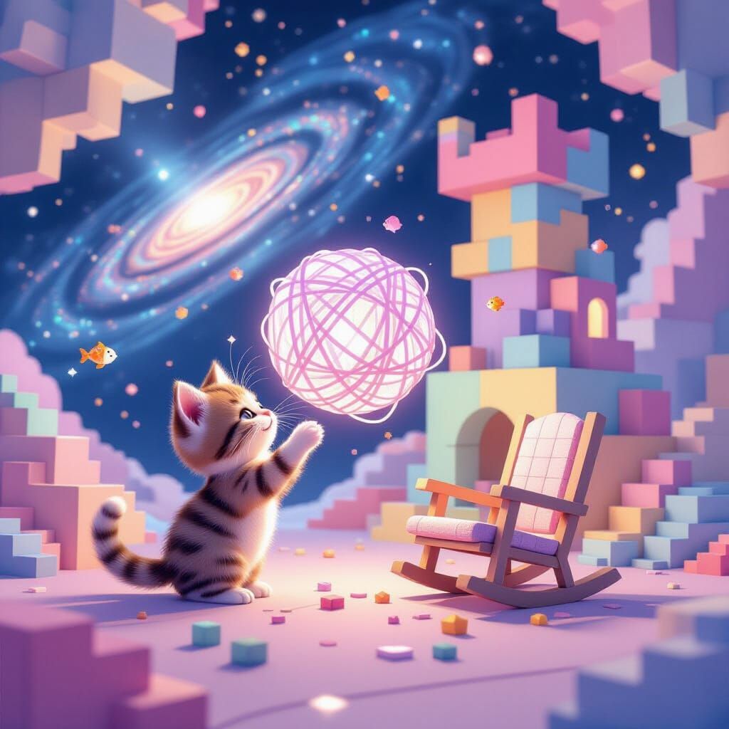 Adorable Low-Poly Kitten Plays with Cosmic Yarn Ball