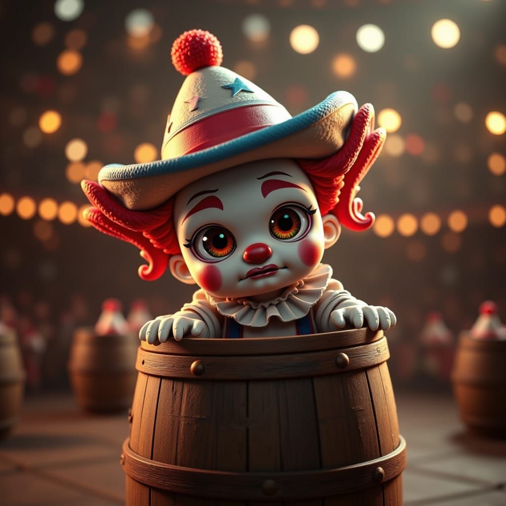 Chibi Sad Clown Emerging from a Rodeo Barrel