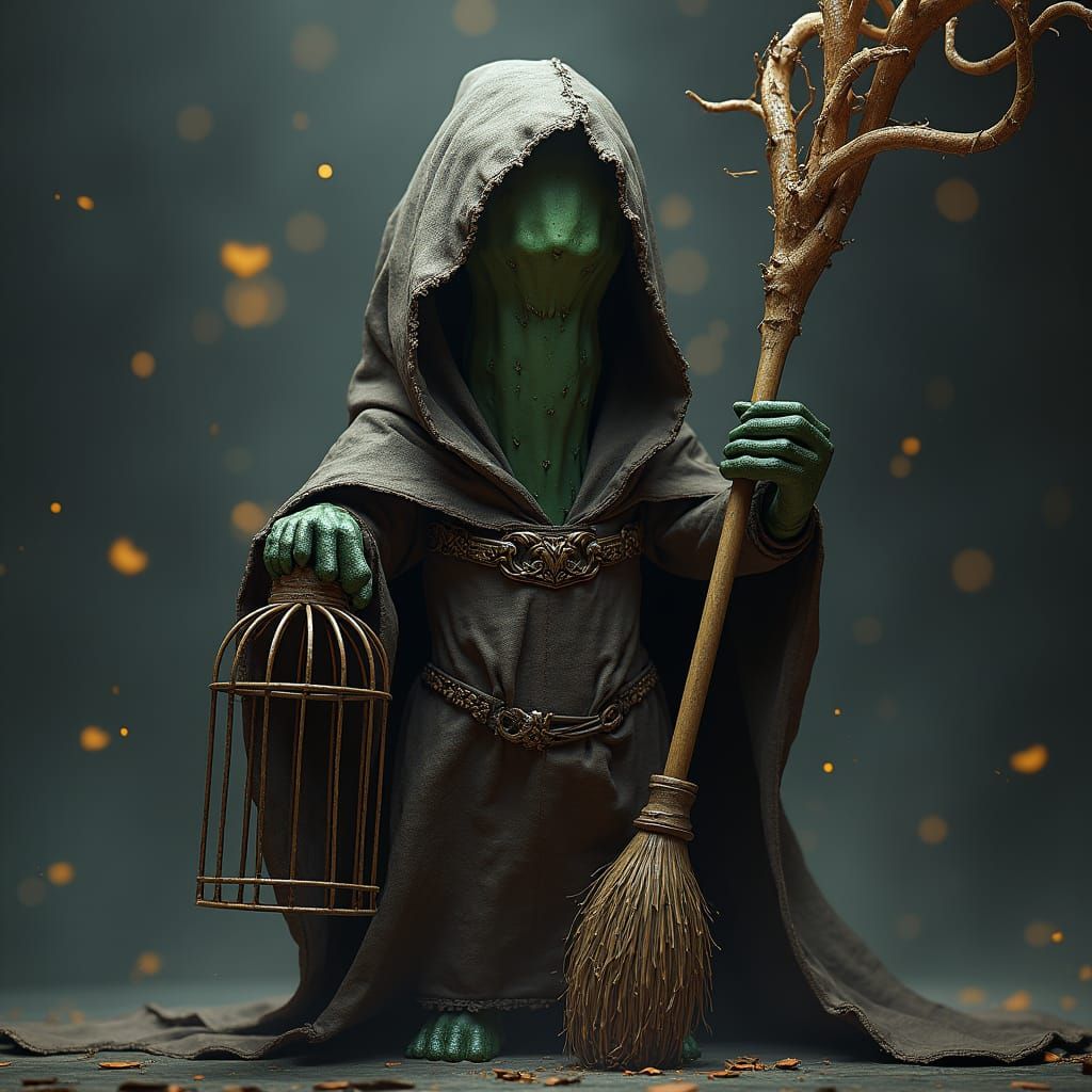 Cactus Warrior in Tattered Cape, Mystical Digital Art