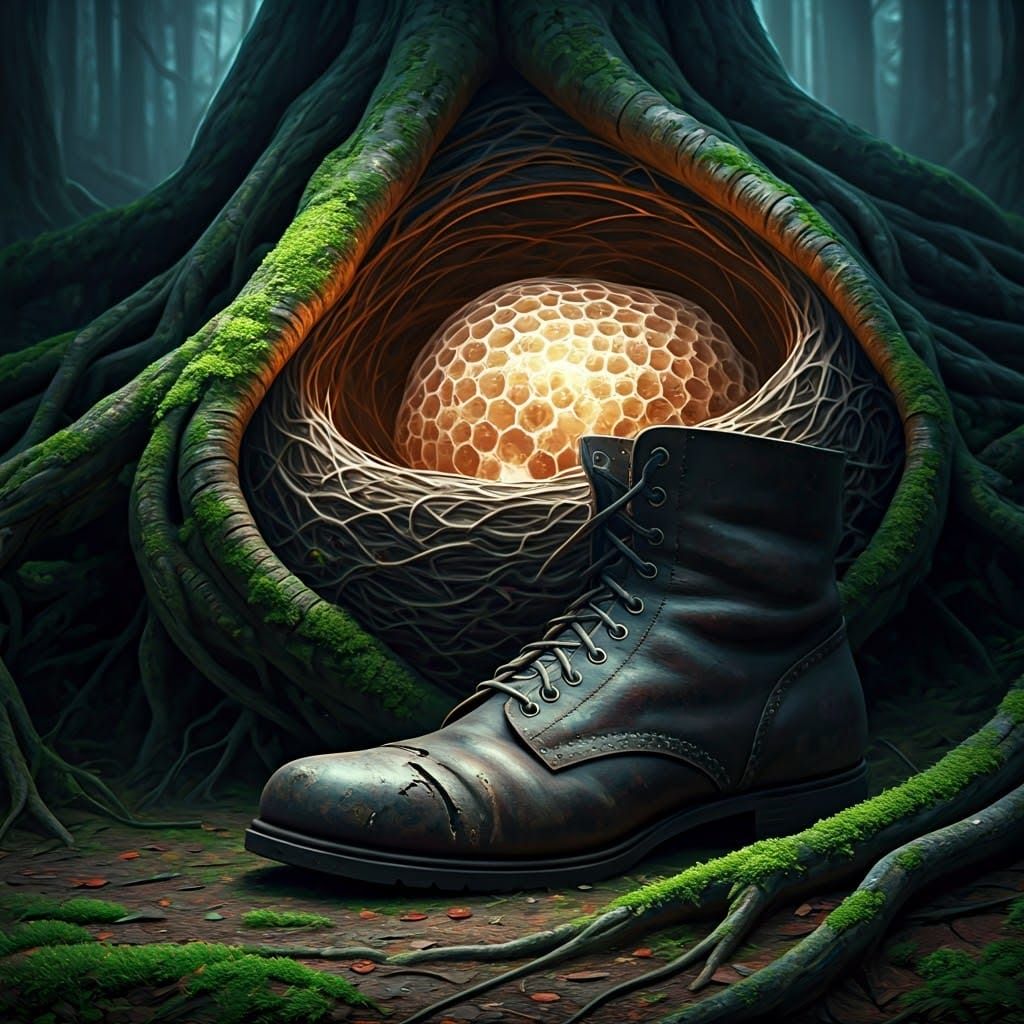 Mystical Tree Roots Harboring Hornets Nest in Boot