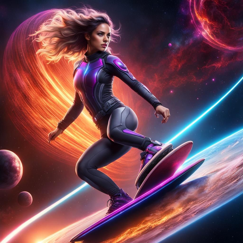 Girl Surfing in Space on Blazing Star Trail