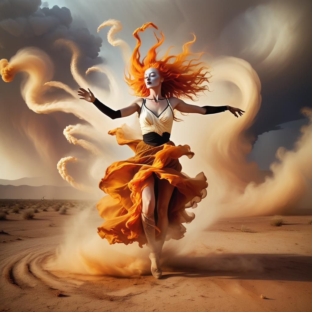 Mystic Dancer in Dust Desert with Fire Hair