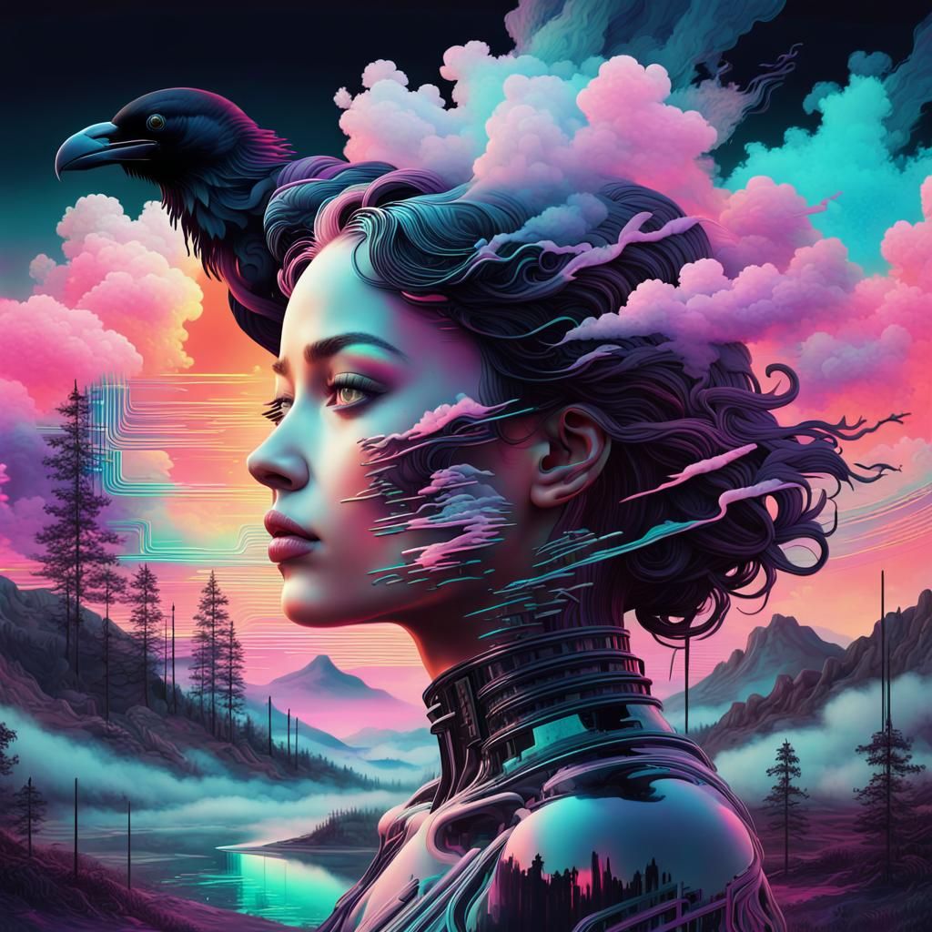 Vaporwave Dreamscape with Neon Graphics and Glitch Effects