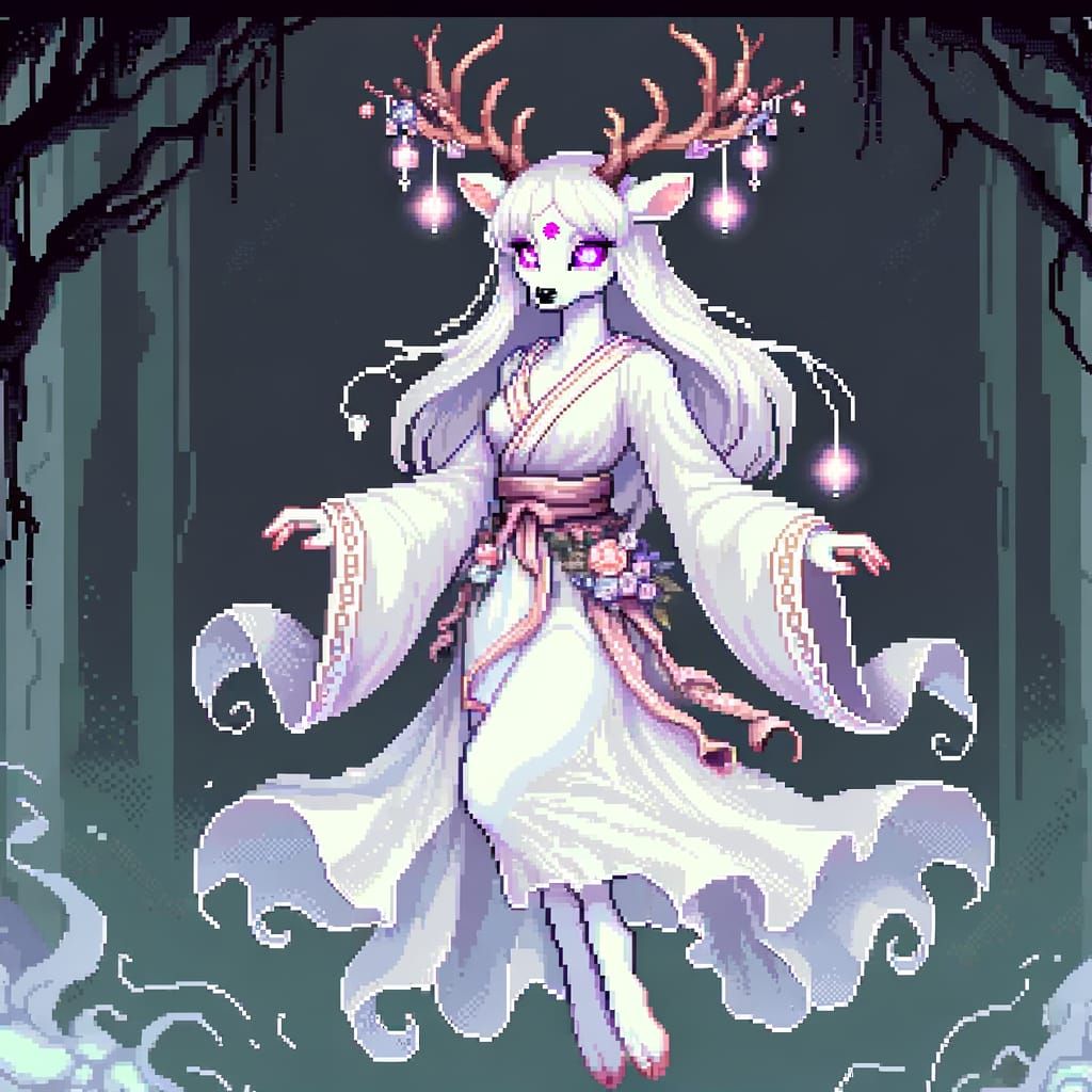 Ethereal Albino Deer in Pixel Art Style