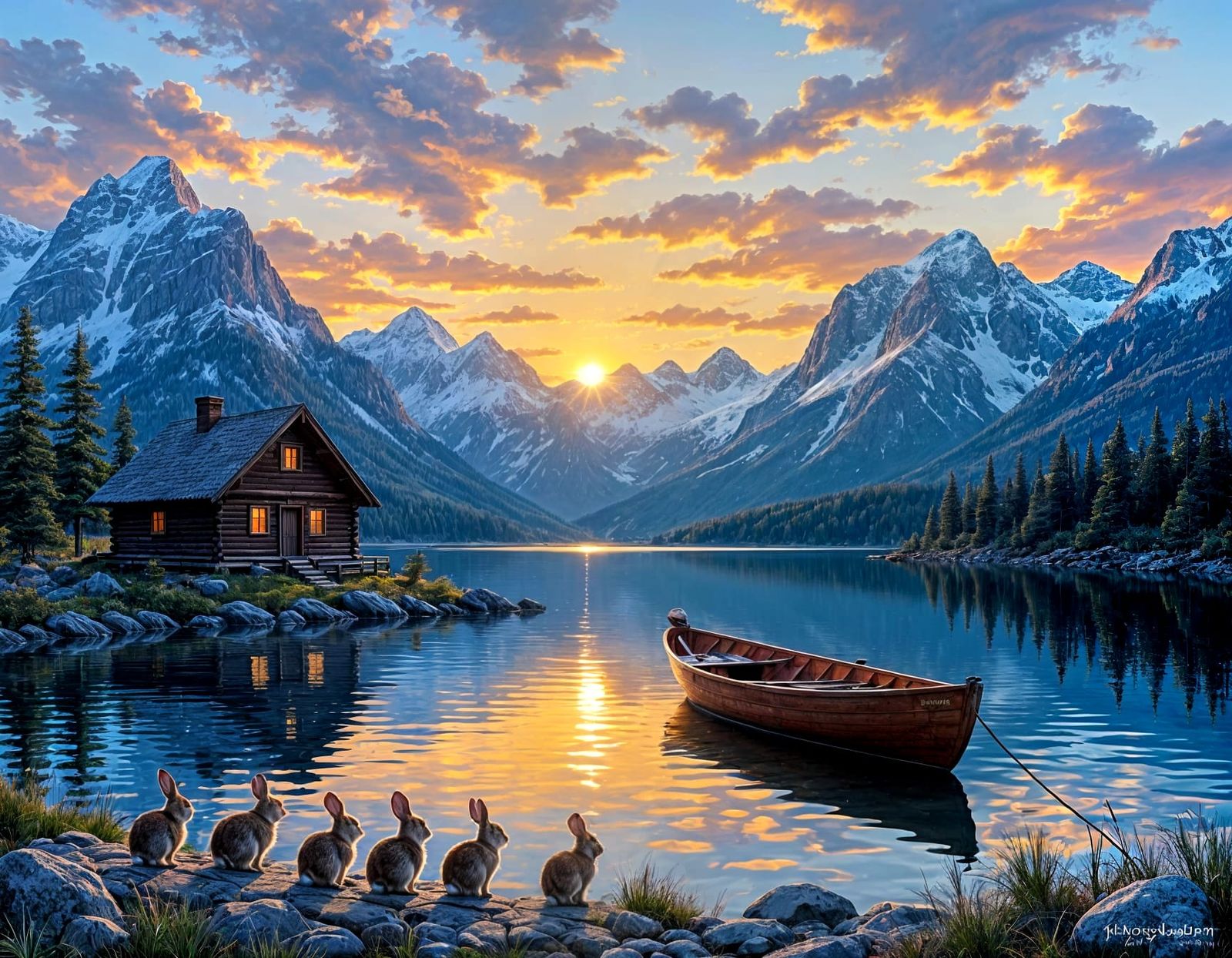 Mountain Lake Cabin at Sunset with Rabbits