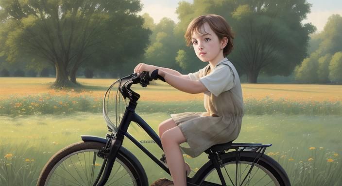 Child on Bike in Landscape as Impressionistic Art