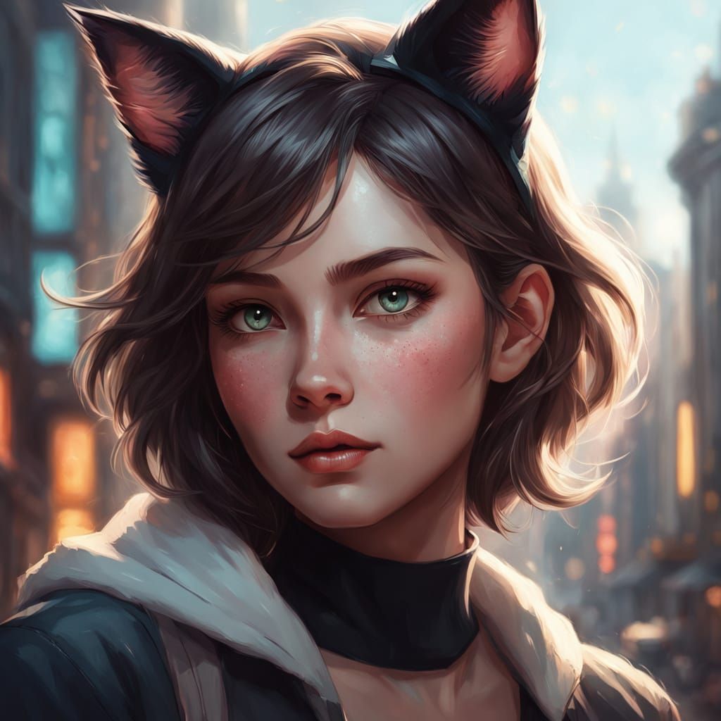Brunette Woman With Cat Ears in Digital Illustration Style