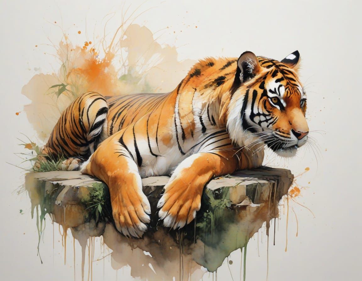 Bengal Tiger Reclining on Sun-Dappled Rock in Watercolor