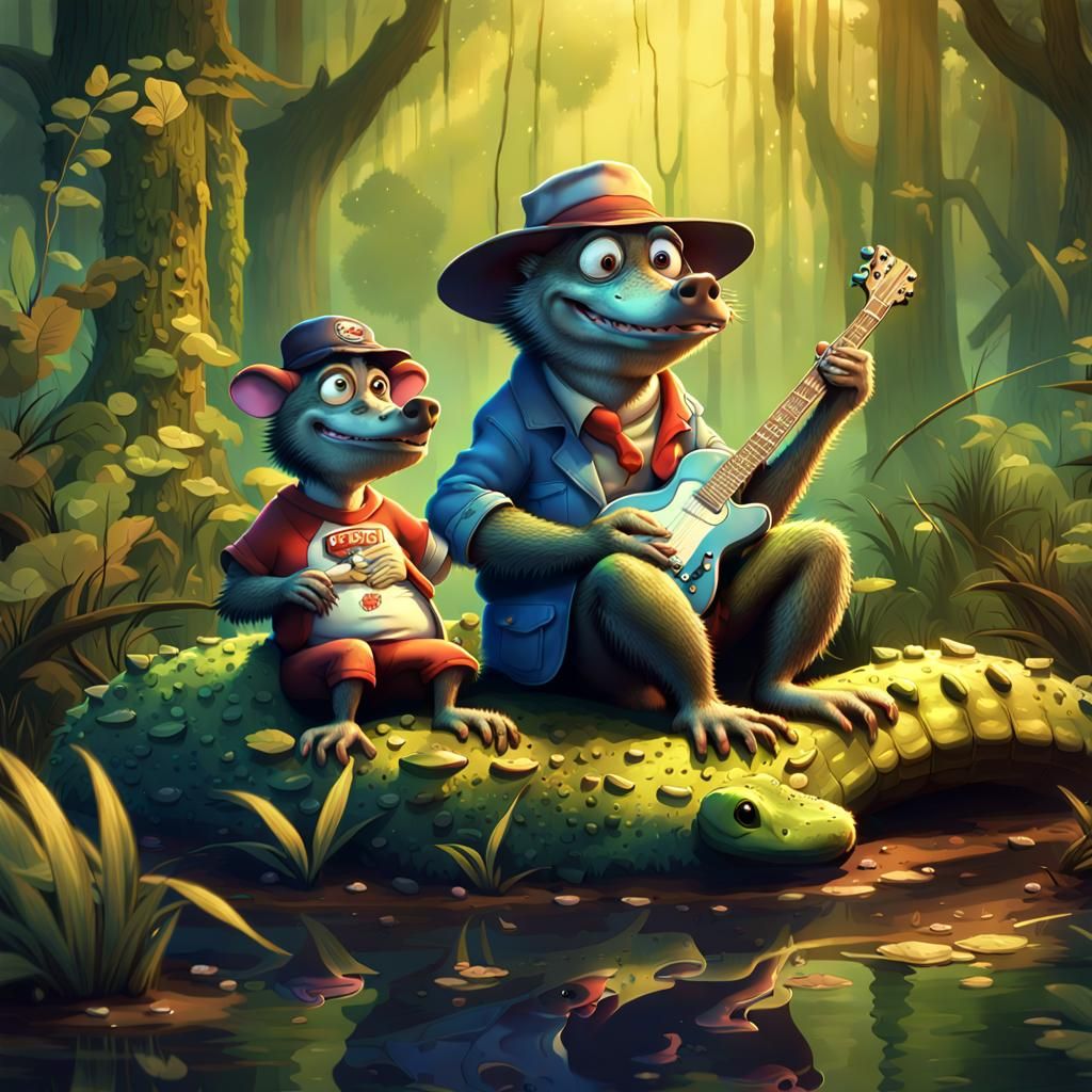 Possum and Alligator Lounging in Swamp, as 3D Art