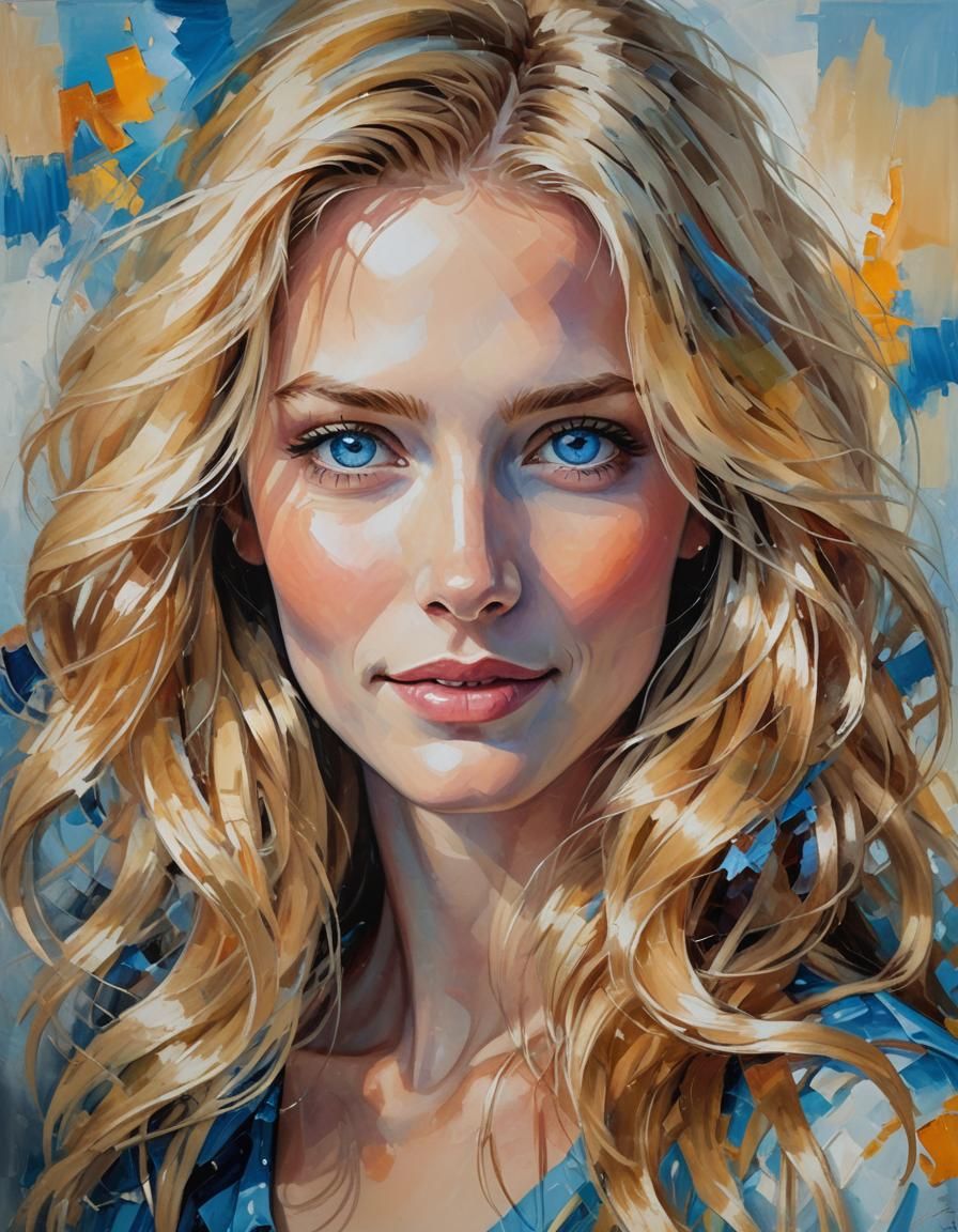 Seductive Blonde Woman with Blue Eyes, Oil Painting