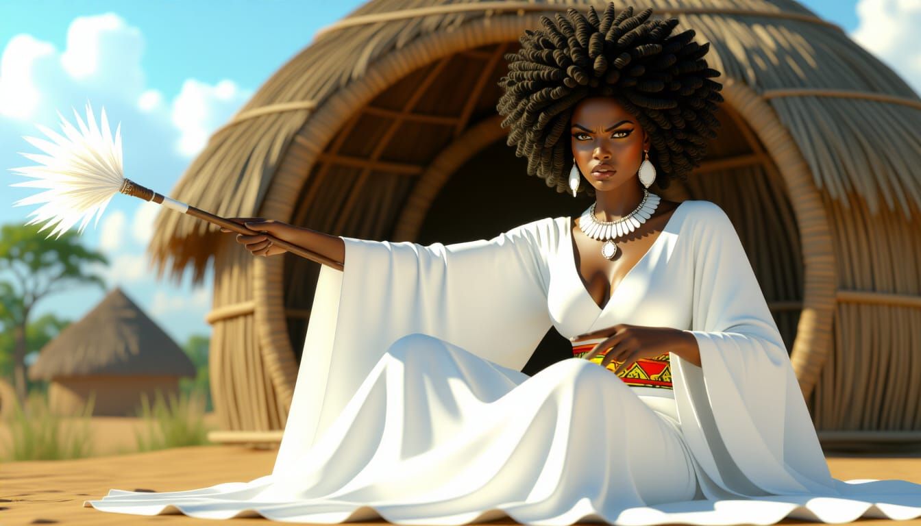 Angry African Woman with Staff Outside Hut in Vibrant 3D Sty...