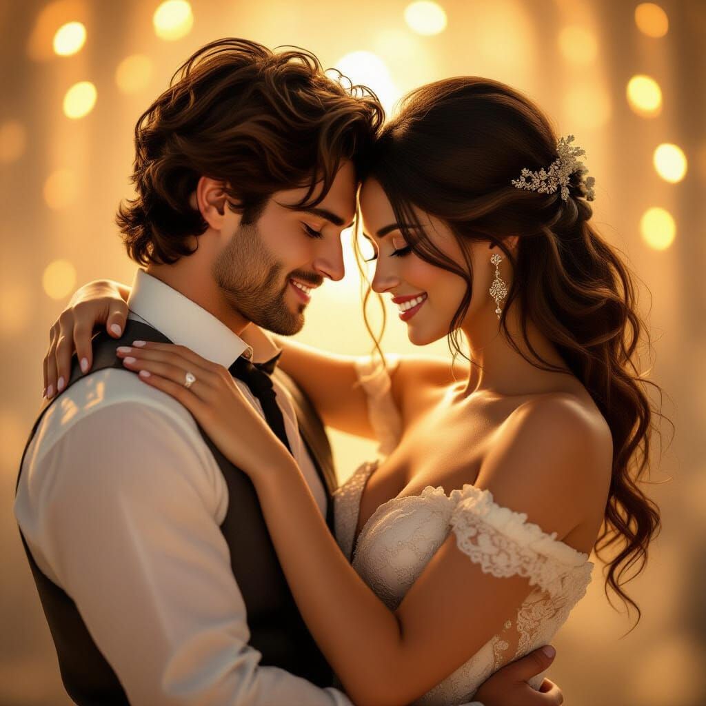 Romantic Couple Embrace in Golden Light: Photorealistic Port...