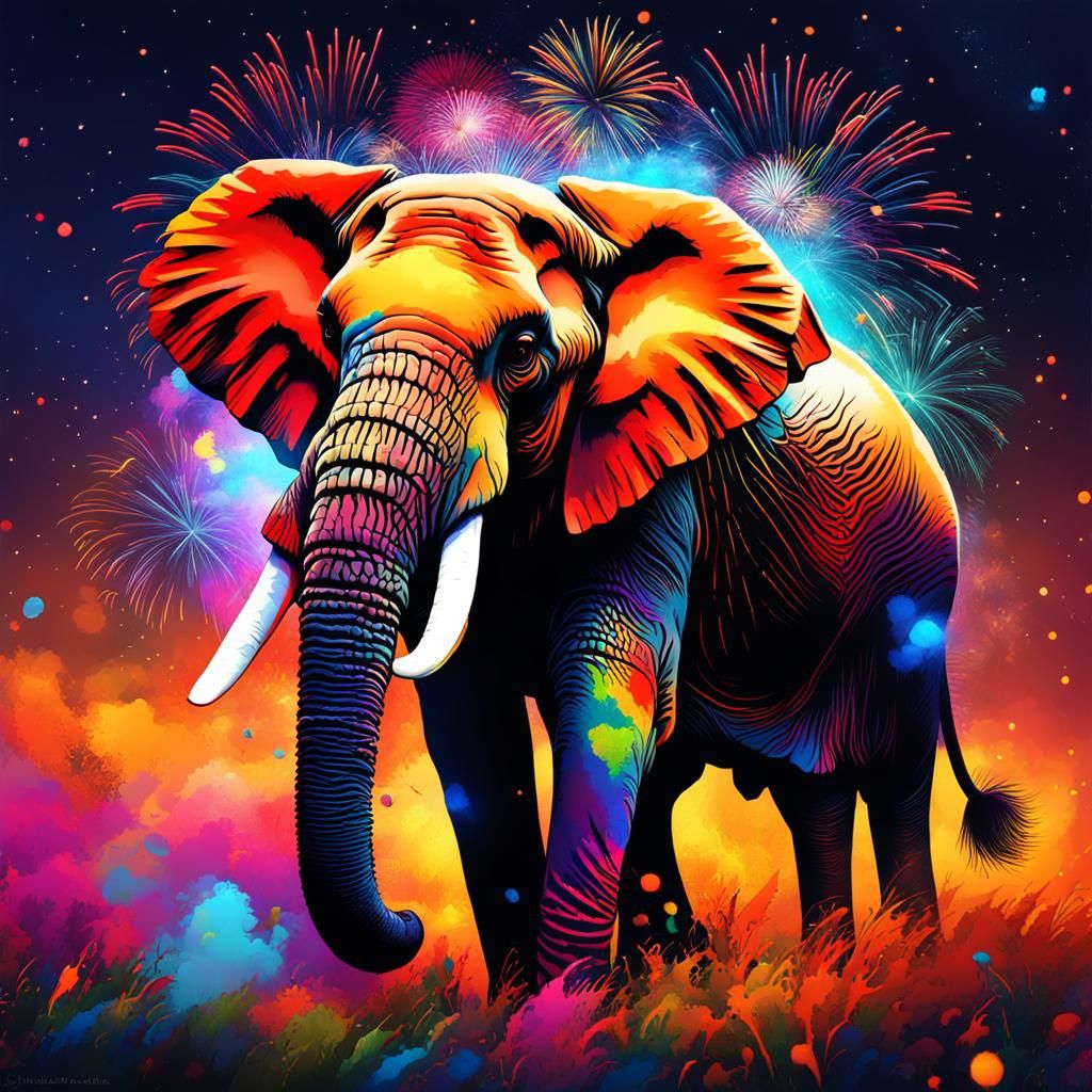 Colorful Painted Elephant in Hyperdetailed Splash Art