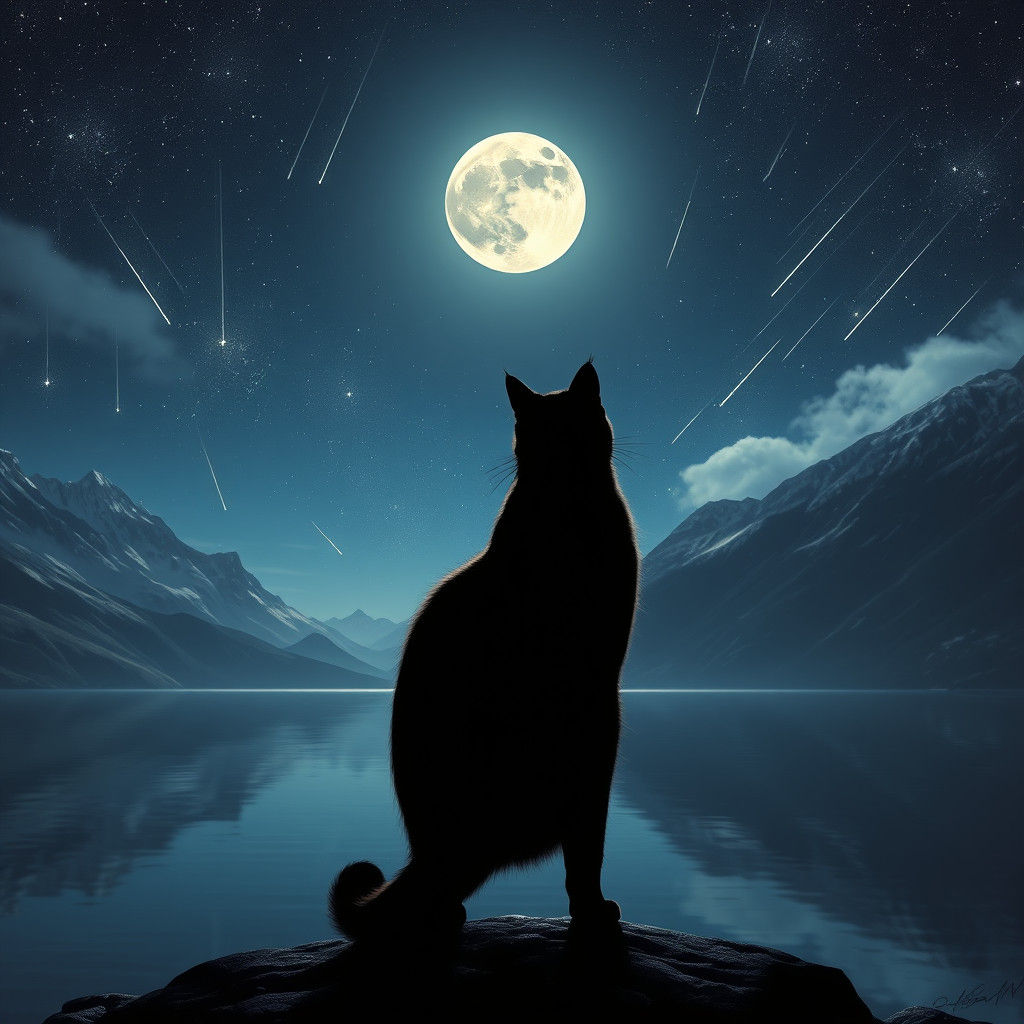 Cat Silhouette Gazing at Starry Night Sky
