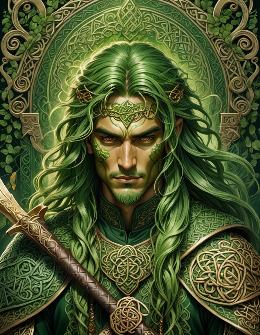 Regal Green Knight with Intricate Celtic Patterns and Luxuri...