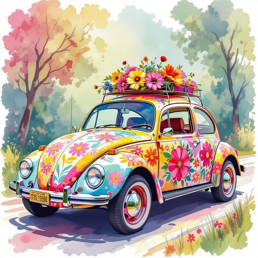 Hippie VW Beetle with Floral Patterns, Watercolor Style