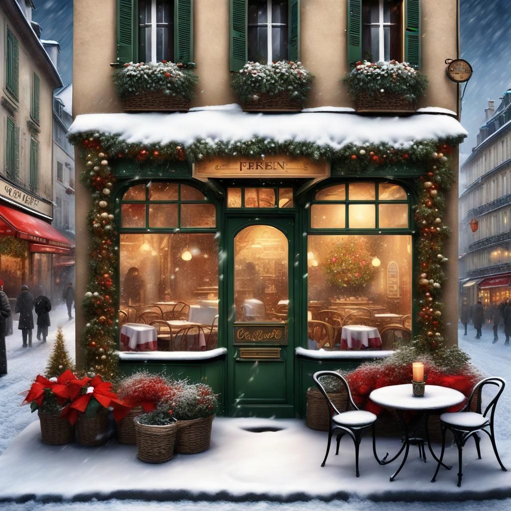 Cozy French Café in Winter, Detailed Matte Painting