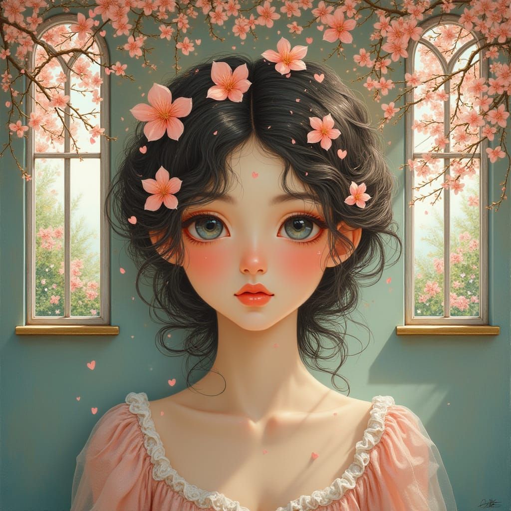 Ethereal Art Nouveau Goddess Amidst Cherry Blossoms