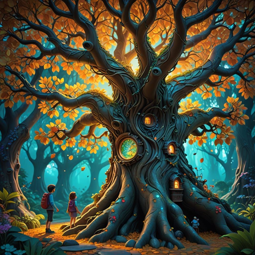 Majestic Tree in Whimsical Fantasy Landscape