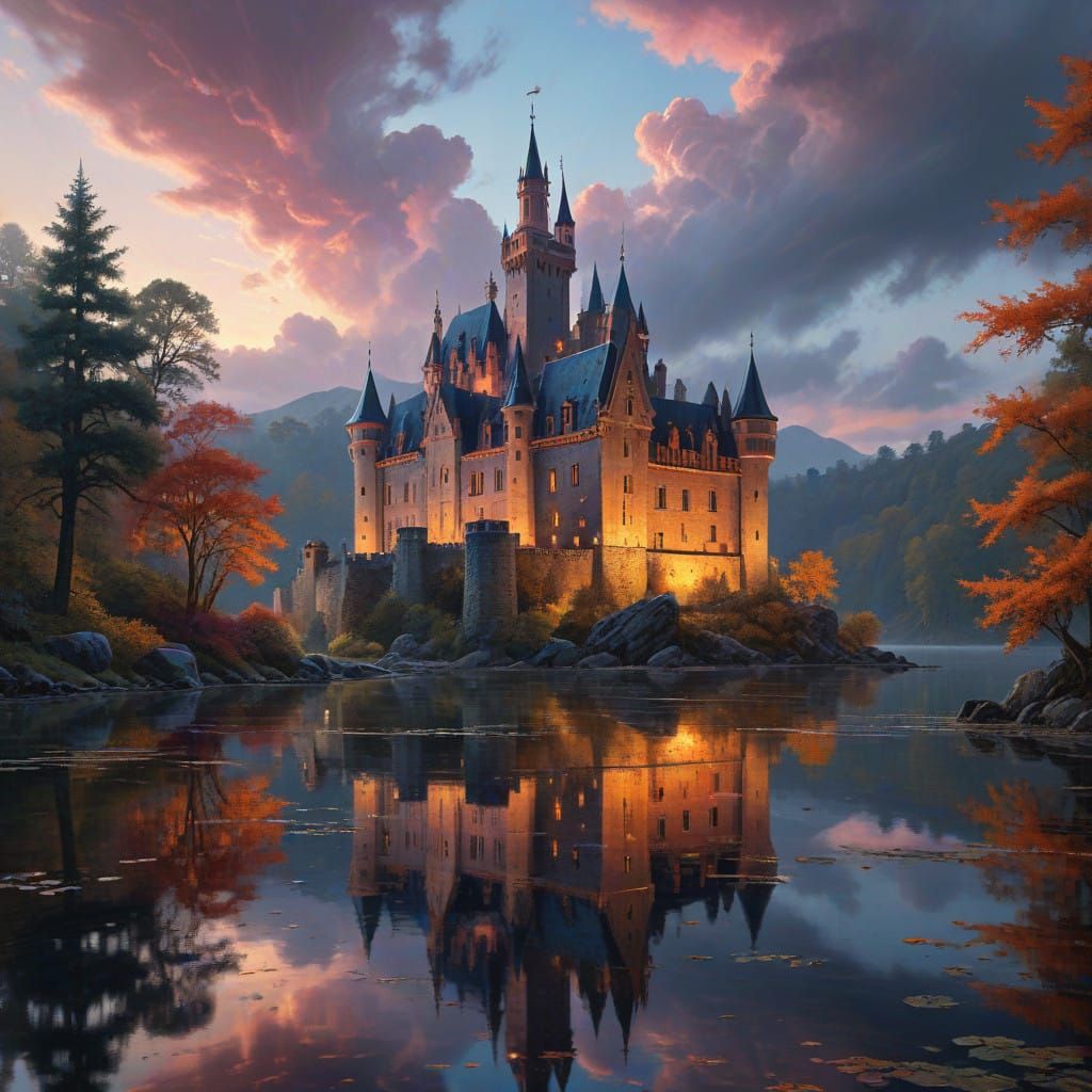 Baroque Castle Reflected in Twilight Lake
