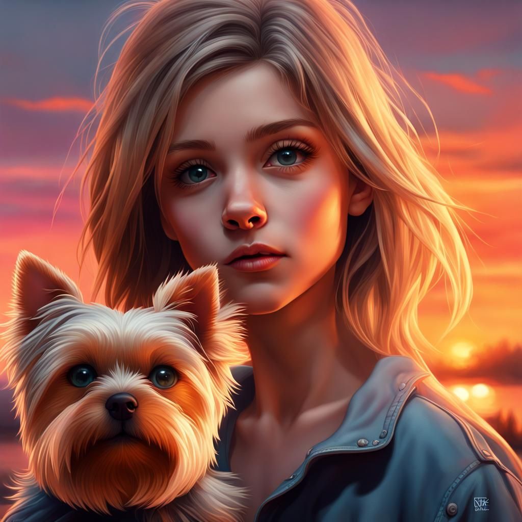 Girl with Yorkshire Terrier at Sunset, Hyperrealistic Splash...
