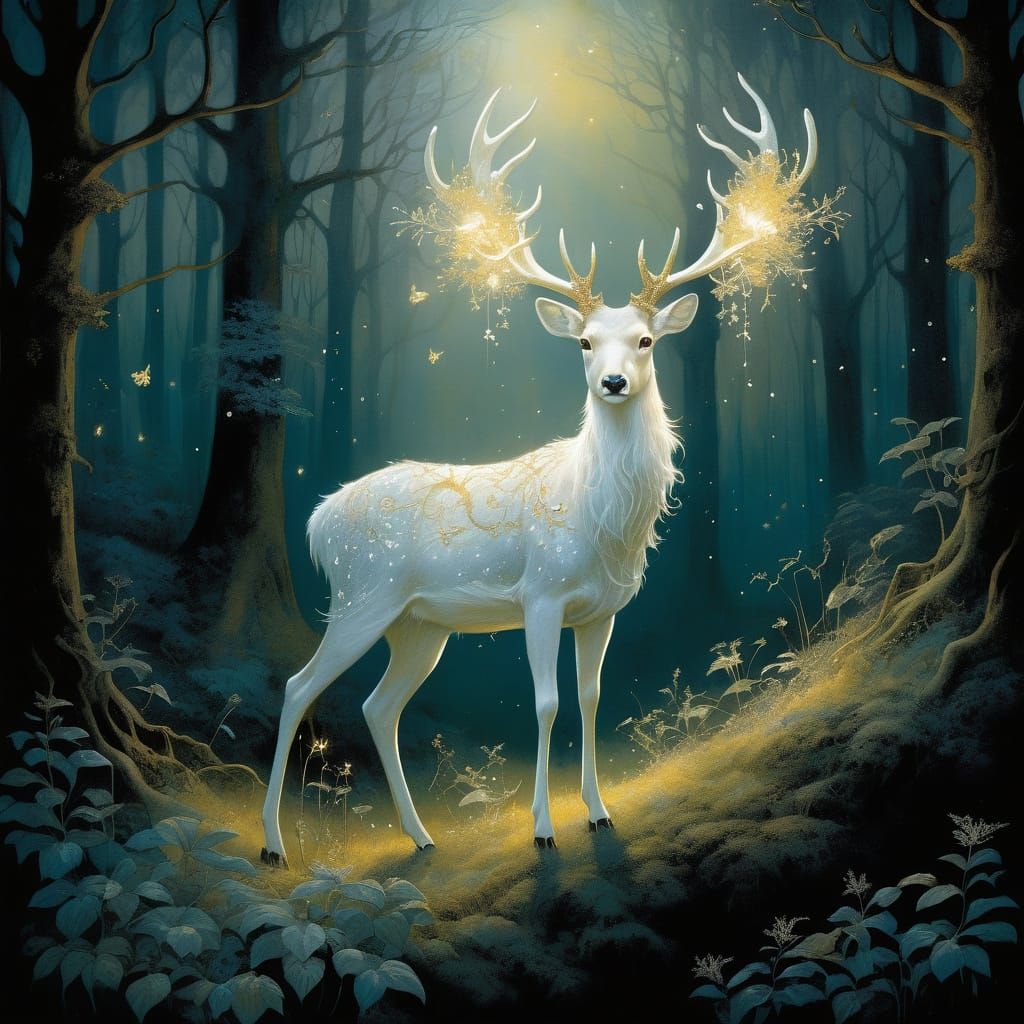 Mystical Glowing Deer in Enchanted Forest Illustration