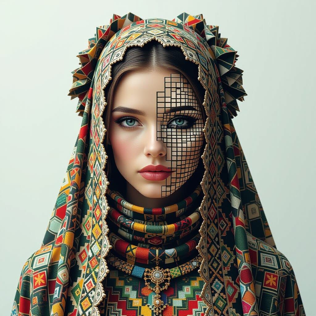 Pixelated Woman's Head with Geometric Patterns