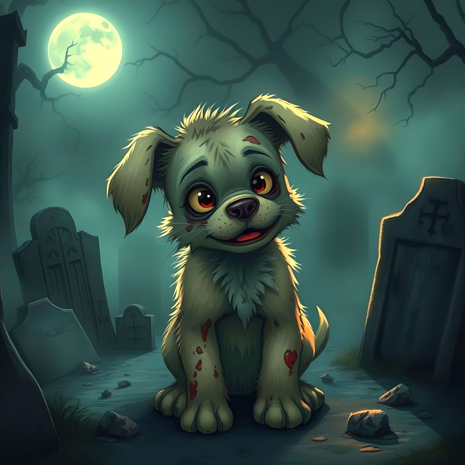 Adorable Zombie Puppy in Graveyard Fog